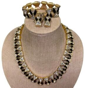 Vintage Swarovski Crystal Necklace Bracelet Earrings Set Black Gold Triangle